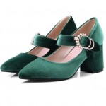 Green Velvet Mary Jane Pearl Buckle Block High Heels Shoes