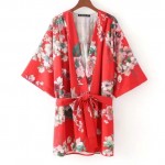 Red Florals Oriental Pattern Satin Long Sleeves Kimono Cardigan Outer Wear