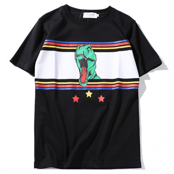 White Green Dinosaur Tyrannosaurus Print Round Neck Short Sleeves Funky Mens T-Shirt