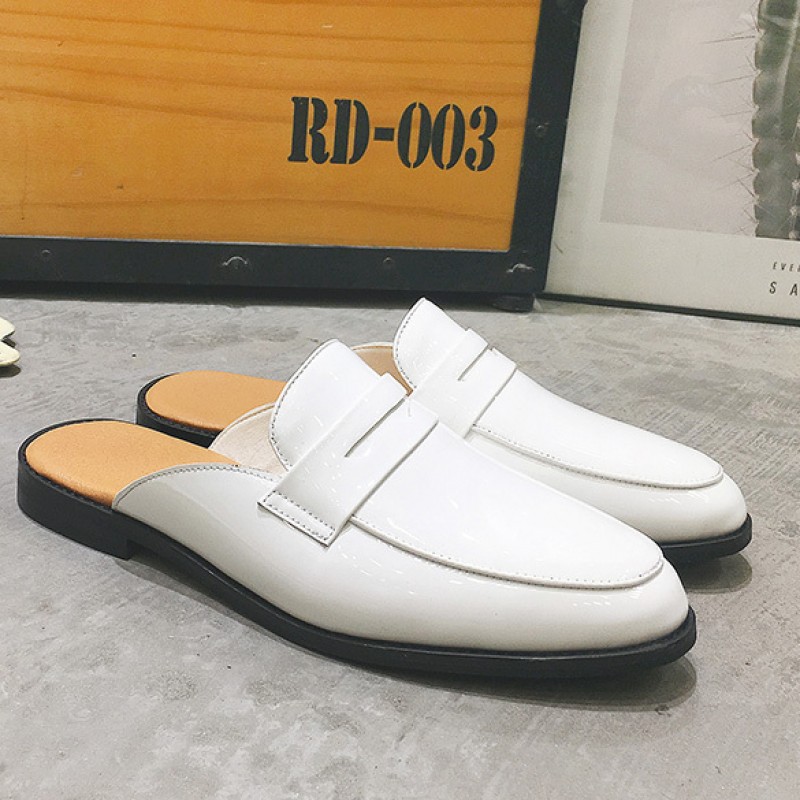 White Leather Mens Slip On Flats Sandals Shoes