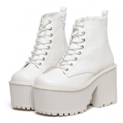 White Patent Lace Up Platforms Punk Rock Chunky Heels Boots Creepers Shoes