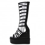 Black Straps Gladiator Knee Punk Rock Gothic Creeper Platforms Wedges Sandals Shoes