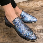 Blue Metallic Retro Pattern Mens Loafers Flats Shoes