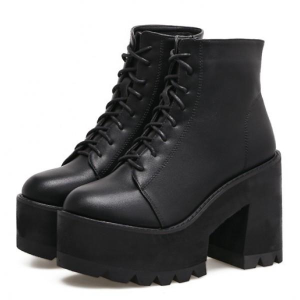Black Military Ankle Chunky Sole Block High Heels Platforms Boots Shoes