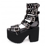 Black Patent Punk Rock Strappy Peeptoe Chunky Platforms Sole Lolita Gothic Sandals Boots Shoes