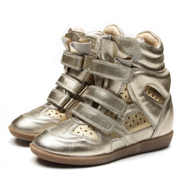 Gold Hollow Out High Top Velcro Tapes Hidden Wedges Sneakers Shoes