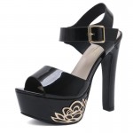 Black Gold Roses Peeptoe Platforms Block Super High Heels Sandals Shoes