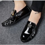 Black Glossy Patent Emblem Mens Casual Loafers Flats Shoes