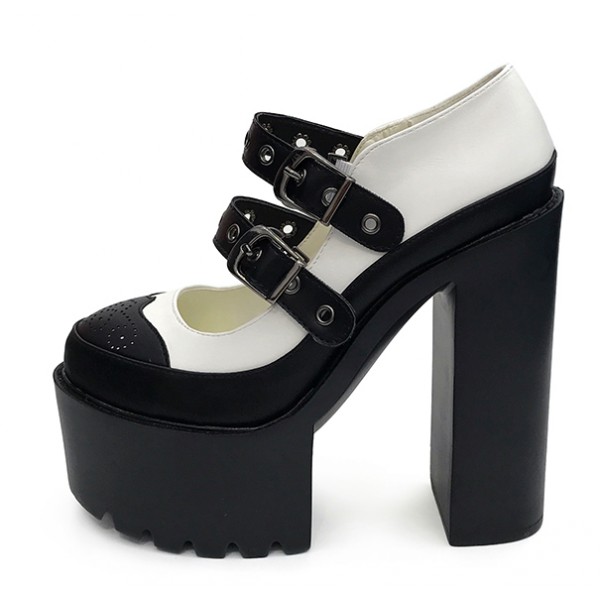 Black White Punk Rock Mary Jane Chunky Sole Block High Heels Platforms Pumps Shoes