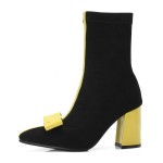 Black Suede Pointed Head Yellow Bow Mid High Heels Boots Shoes