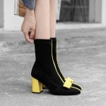 Black Suede Pointed Head Yellow Bow Mid High Heels Boots Shoes
