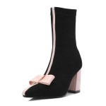Black Suede Pointed Head Pink Bow Mid High Heels Boots Shoes