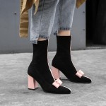 Black Suede Pointed Head Pink Bow Mid High Heels Boots Shoes