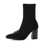 Black Suede Pointed Head Bow Mid High Heels Boots Shoes