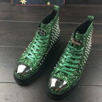 Green Glitter Silver Spikes Punk Rock Mens High Top Lace Up Sneakers Shoes