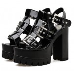 Black Patent Block Chunky Sole High Heels Gladiator Platforms Sandals Shoes