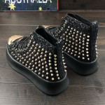 Black Patent Glitter Gold Spikes Punk Rock Mens High Top Lace Up Sneakers Shoes