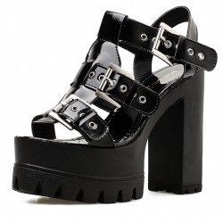 Black Patent Block Chunky Sole High Heels Gladiator Platforms Sandals Shoes