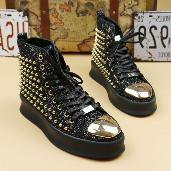 Black Patent Glitter Gold Spikes Punk Rock Mens High Top Lace Up Sneakers Shoes