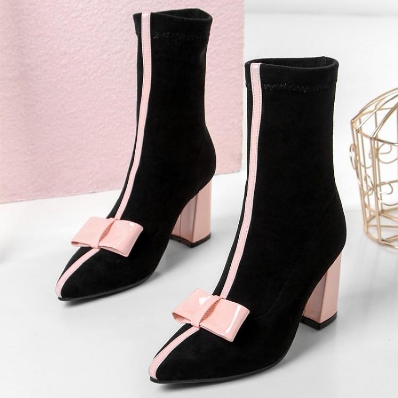 Black Suede Pointed Head Pink Bow Mid 
