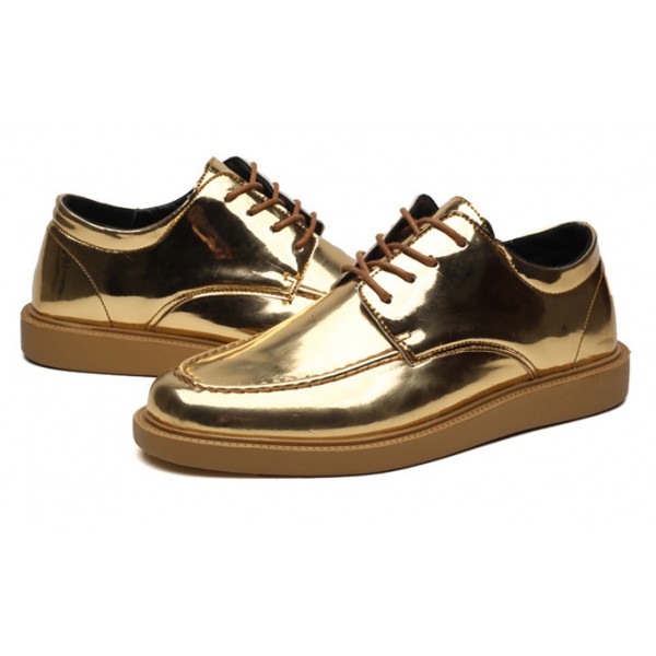 Gold Metallic Lace Up Round Head Mens Lace Up Oxfords Shoes