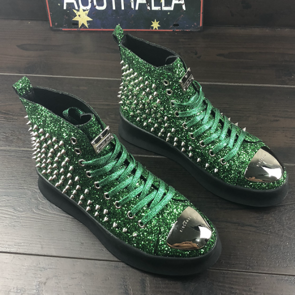 Green Glitter Silver Spikes Punk Rock Mens High Top Lace Up Sneakers Shoes
