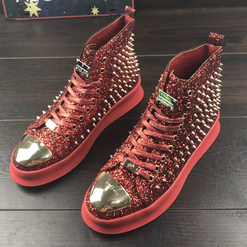 Red Glitter Gold Spikes Punk Rock Mens Top Lace Up Sneakers Shoes