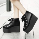 Black Pointed Head Lace Up Chunky Wedges Lolita Punk Rock Platforms Shoes