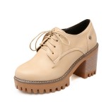 Beige Lace Up Cleated Sole Platforms Chunky Heels Oxfords Shoes