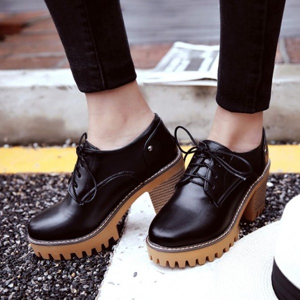 Black Lace Up Cleated Sole Platforms Chunky Heels Oxfords Shoes