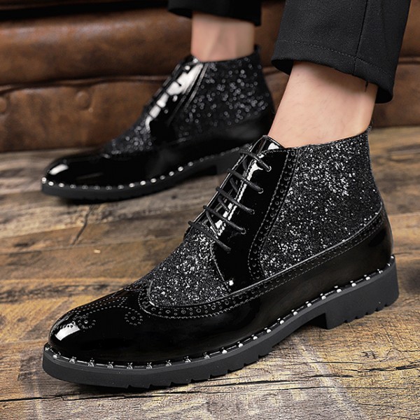 Black Patent Glittering Shiny Baroque Lace up Dappermen Mens Oxfords Shoes Boots