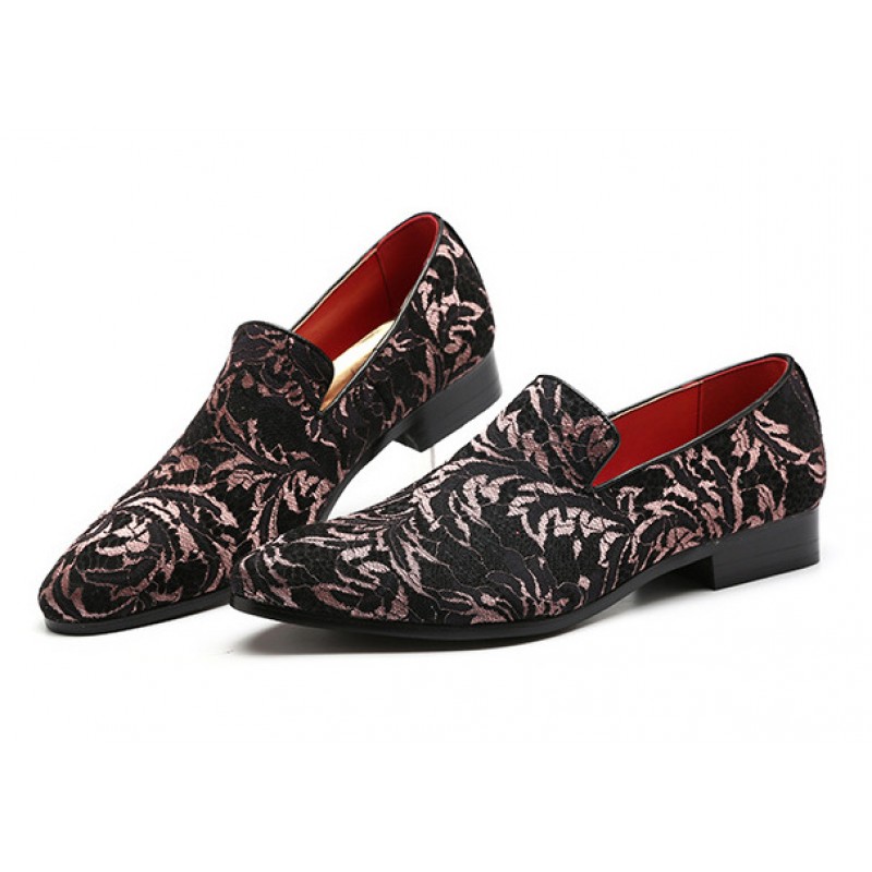Black Pink Lace Embroidery Mens Oxfords 