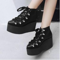 Black Pointed Head Lace Up Chunky Wedges Lolita Punk Rock Platforms Shoes