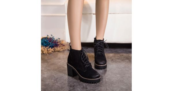 Black Suede Grunge Cleated Sole Lace Up Ankle Block High Heels 