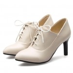 Cream Lace Up Point Head Stiletto High Heels Oxfords Womens Dress Shoes