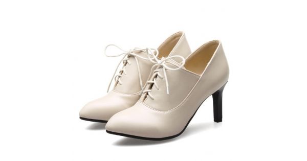 Cream Lace Up Point Head Stiletto High Heels Oxfords Womens Dress Shoes