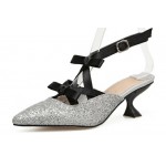 Silver Glitter Black Bows Embellished Point Head Kitten Heels Bridal Sandals Shoes