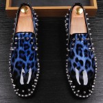 Blue Patent Leopard Spikes Punk Rock Mens Loafers Flats Dress Shoes