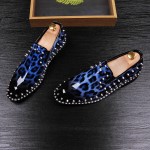 Blue Patent Leopard Spikes Punk Rock Mens Loafers Flats Dress Shoes