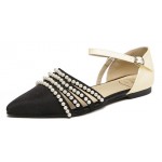 Black Satin Pearls Beads Point Head Ankle Straps Flats Evening Sandals Shoes