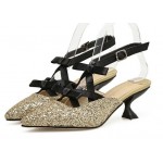 Gold Glitter Black Bows Embellished Point Head Kitten Heels Bridal Sandals Shoes