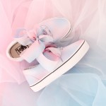 Blue Pink Pastel Color Ribbon Giant Bow Lace Up Sneakers Flats Shoes