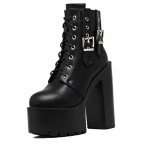 Black Suede Chunky Sole Block High Heels Platforms Boots Shoes