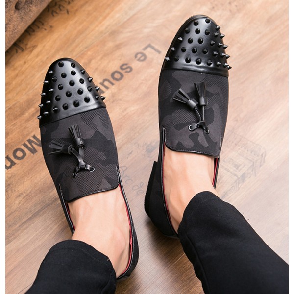 Black Spikes Camouflage Tassels Mens Oxfords Loafers Dress Shoes Flats