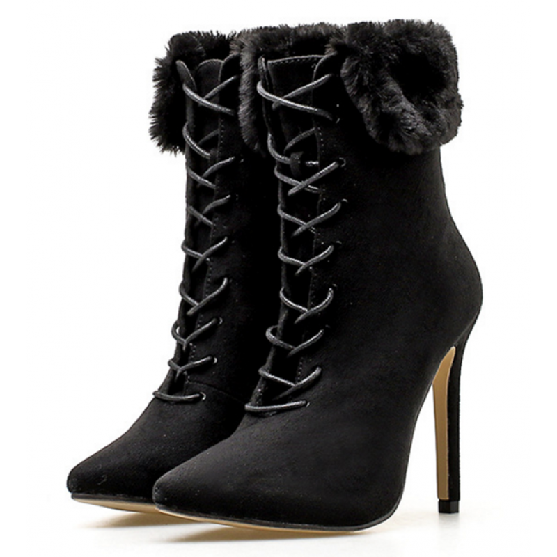 black lace up fur boots