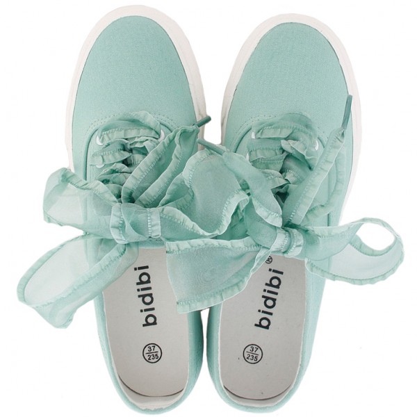 Green Blue Ribbon Giant Bow Lace Up Sneakers Flats Shoes