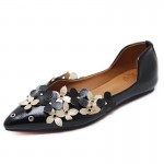 Black Flowers Pointed Head Flats Ballets Shoes