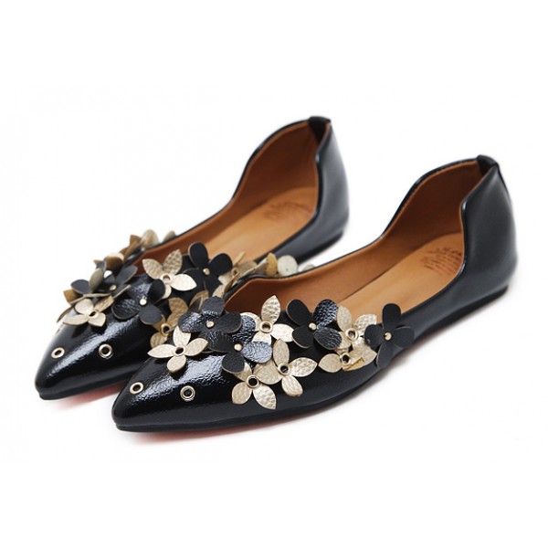 Black Flowers Pointed Head Flats Ballets Shoes