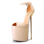 Beige Patent Leather Platforms Peeptoe Gold Metal Sexy Stiletto Mens High Heels Shoes