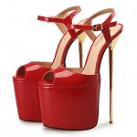 Red Patent Platforms Ankle Straps Peeptoe Gold Metal Sexy Stiletto Mens High Heels Shoes